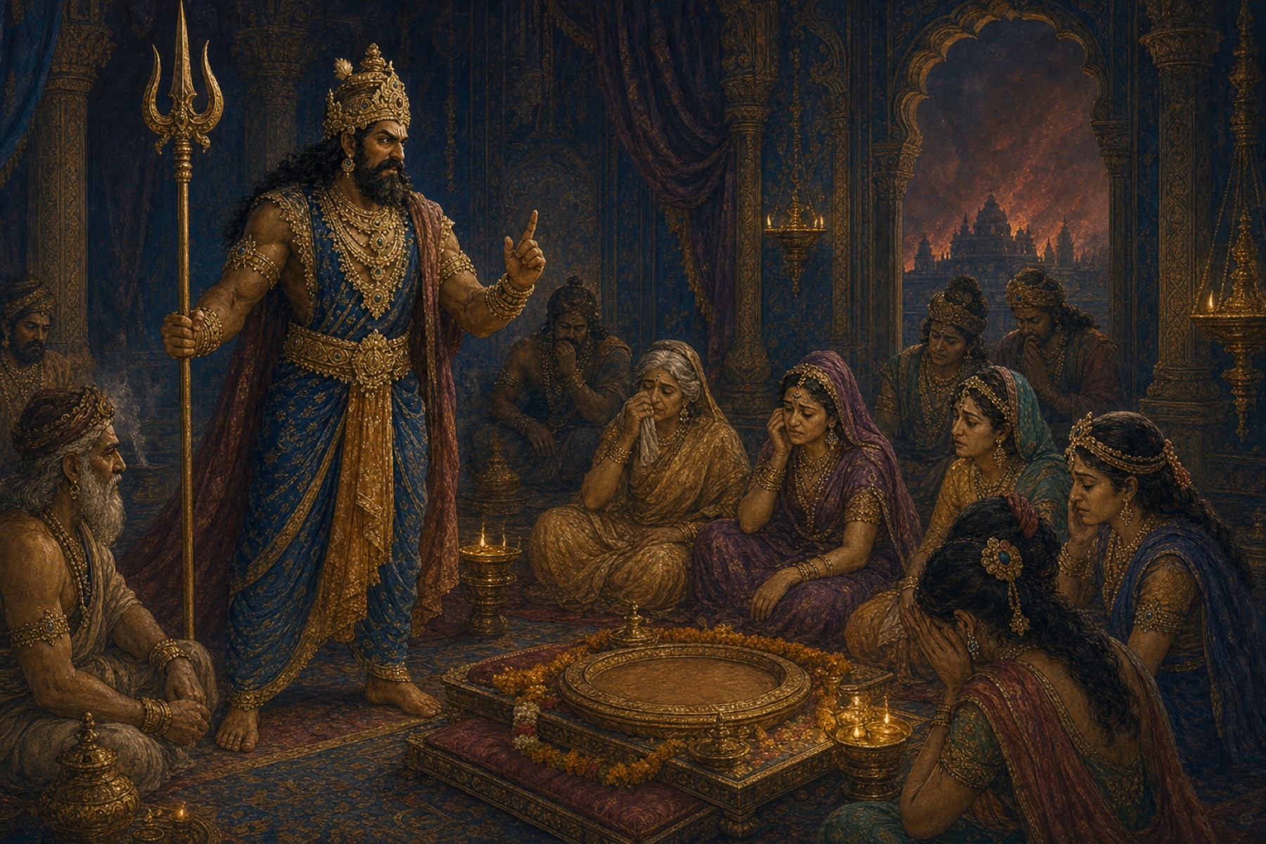 Hiranyakashipu speaks to his grieving family while holding a trident and concealing his rage