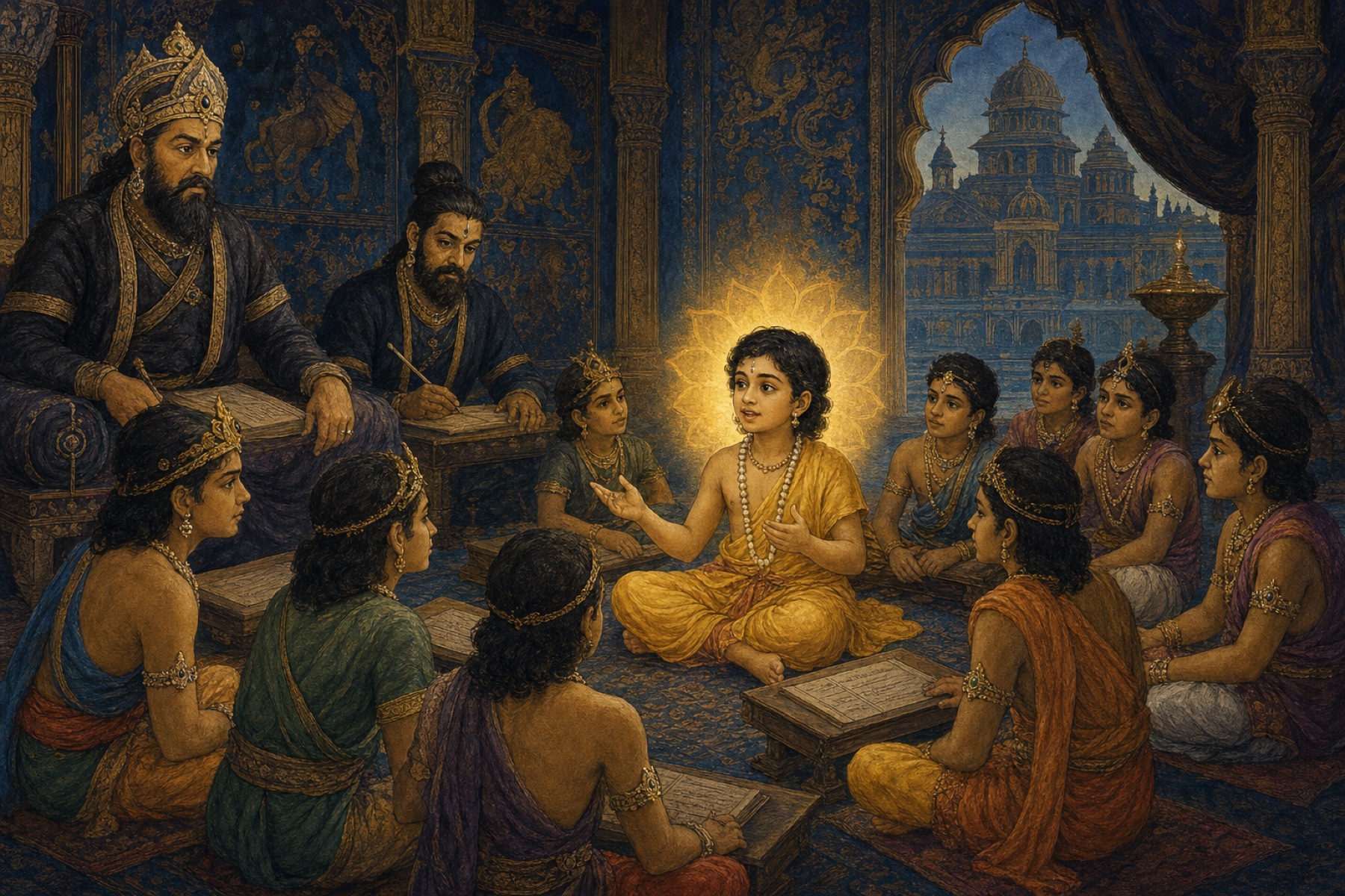 Young Prahlada teaches his classmates about the purpose of human life during a break at school