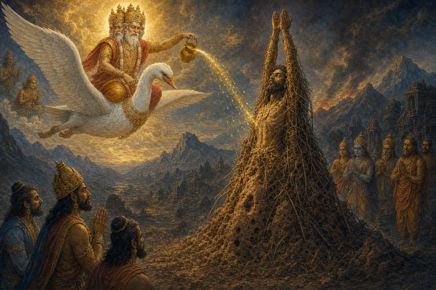Lord Brahma restores Hiranyakashipu after his severe austerity as the demigods observe