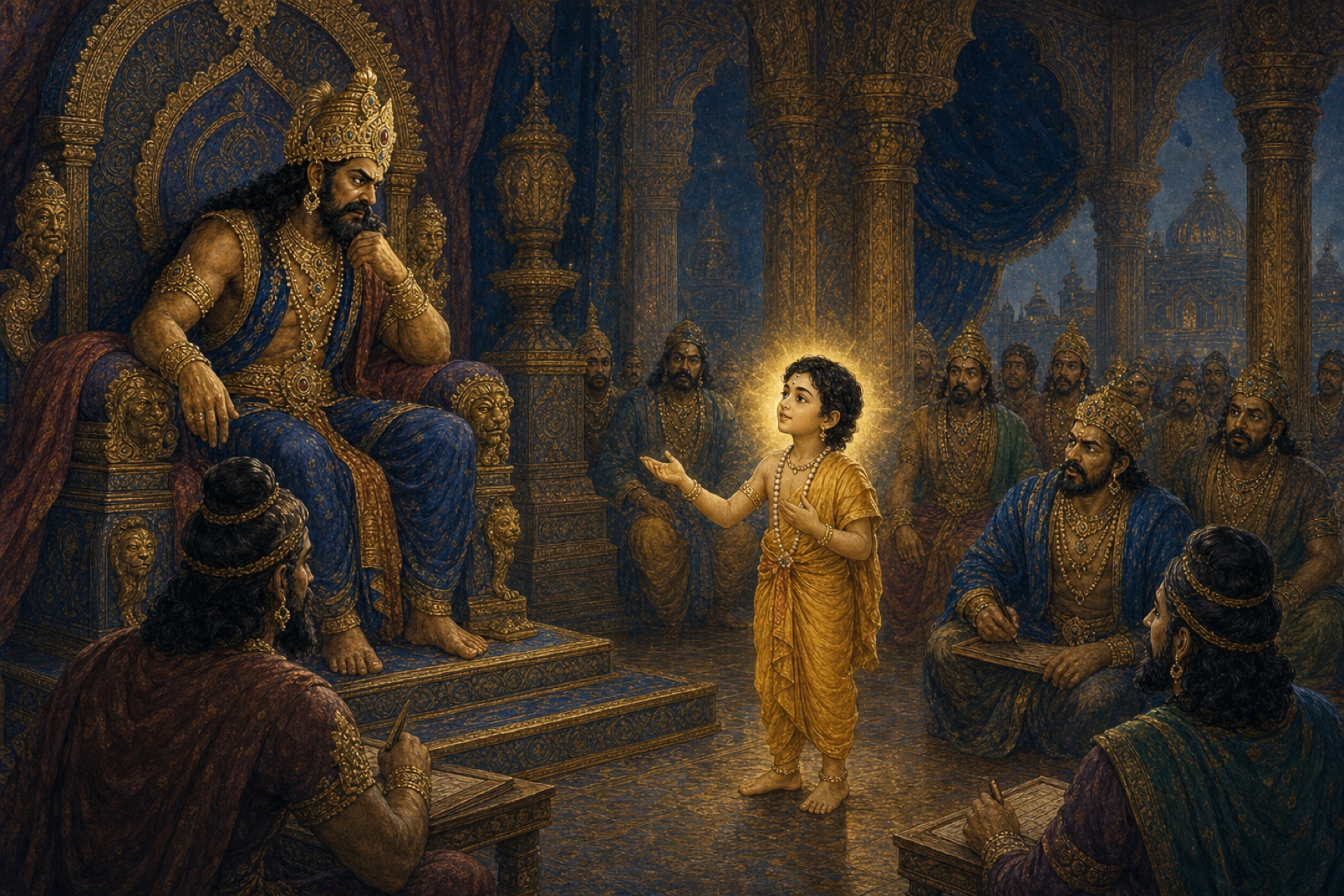 Young Prahlada calmly explains the nine practices of devotion before his powerful father