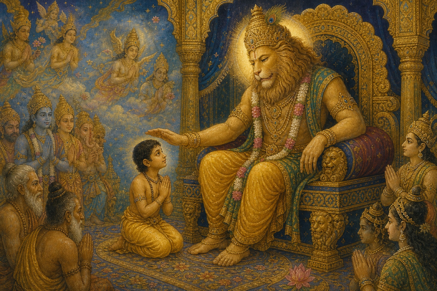 Lord Nrsimhadeva blesses Prahlada after the child asks for freedom from material desire