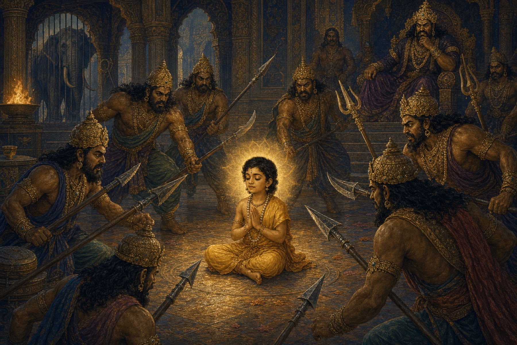 Prahlada sits absorbed in remembrance while armed servants fail to harm him