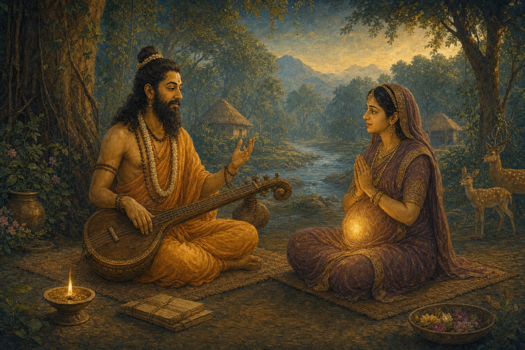 Sage Narada teaches and shelters the pregnant Kayadhu in a peaceful forest hermitage