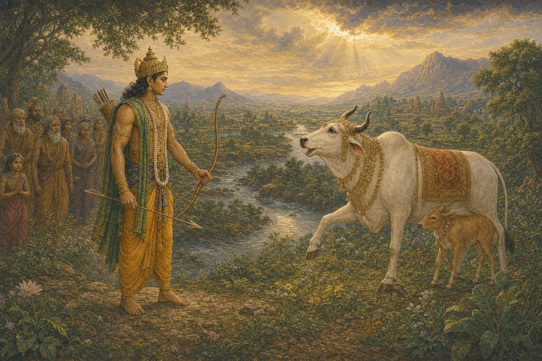 King Prthu pauses with lowered arrow as the Earth in cow form turns to speak
