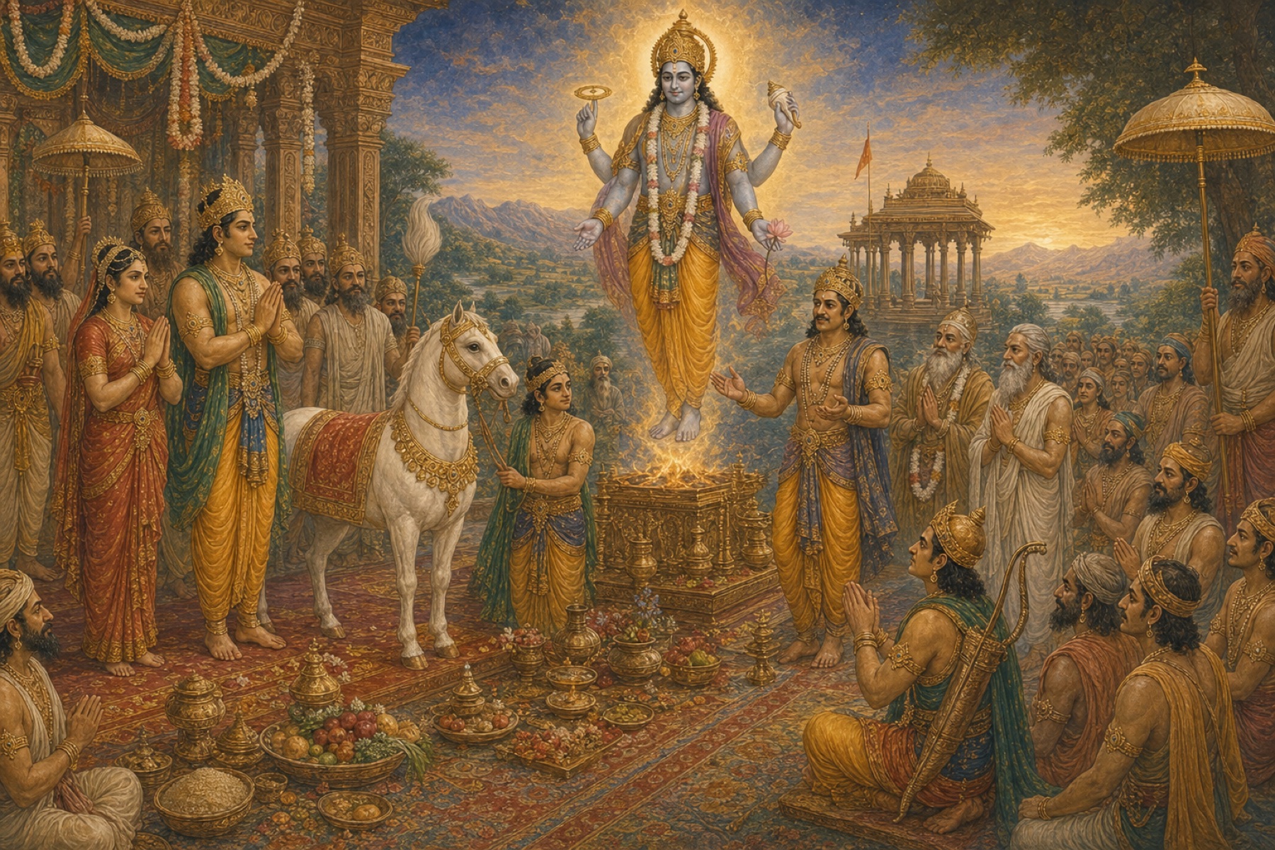 Lord Vishnu reconciles King Prthu and Indra at the horse sacrifice
