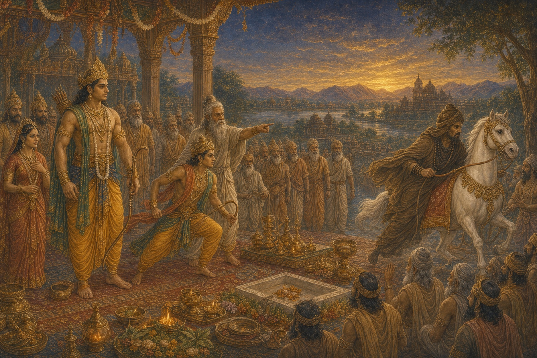 Indra steals the sacrificial horse in a deceptive disguise while sage Atri alerts Prthu's son