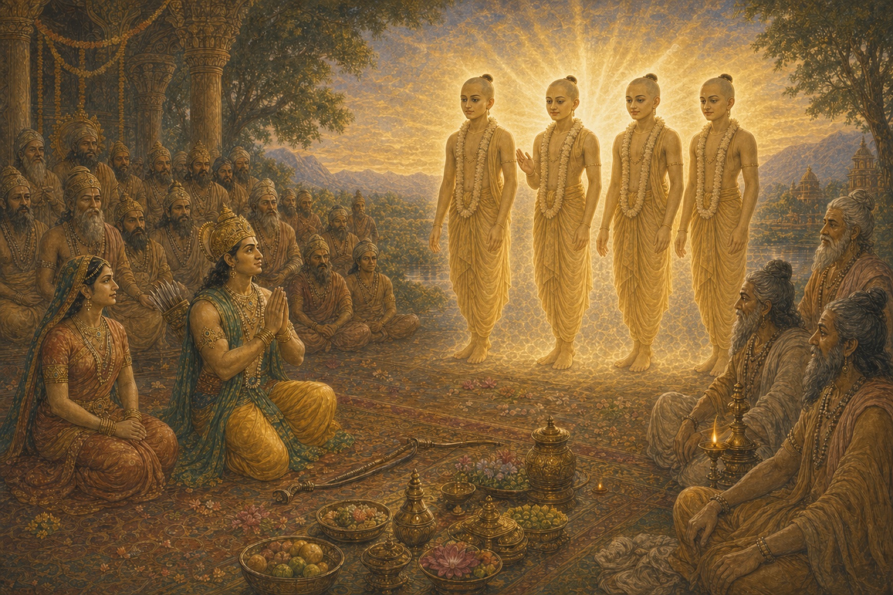 King Prthu sits respectfully below the four radiant Kumaras and asks about the highest human good