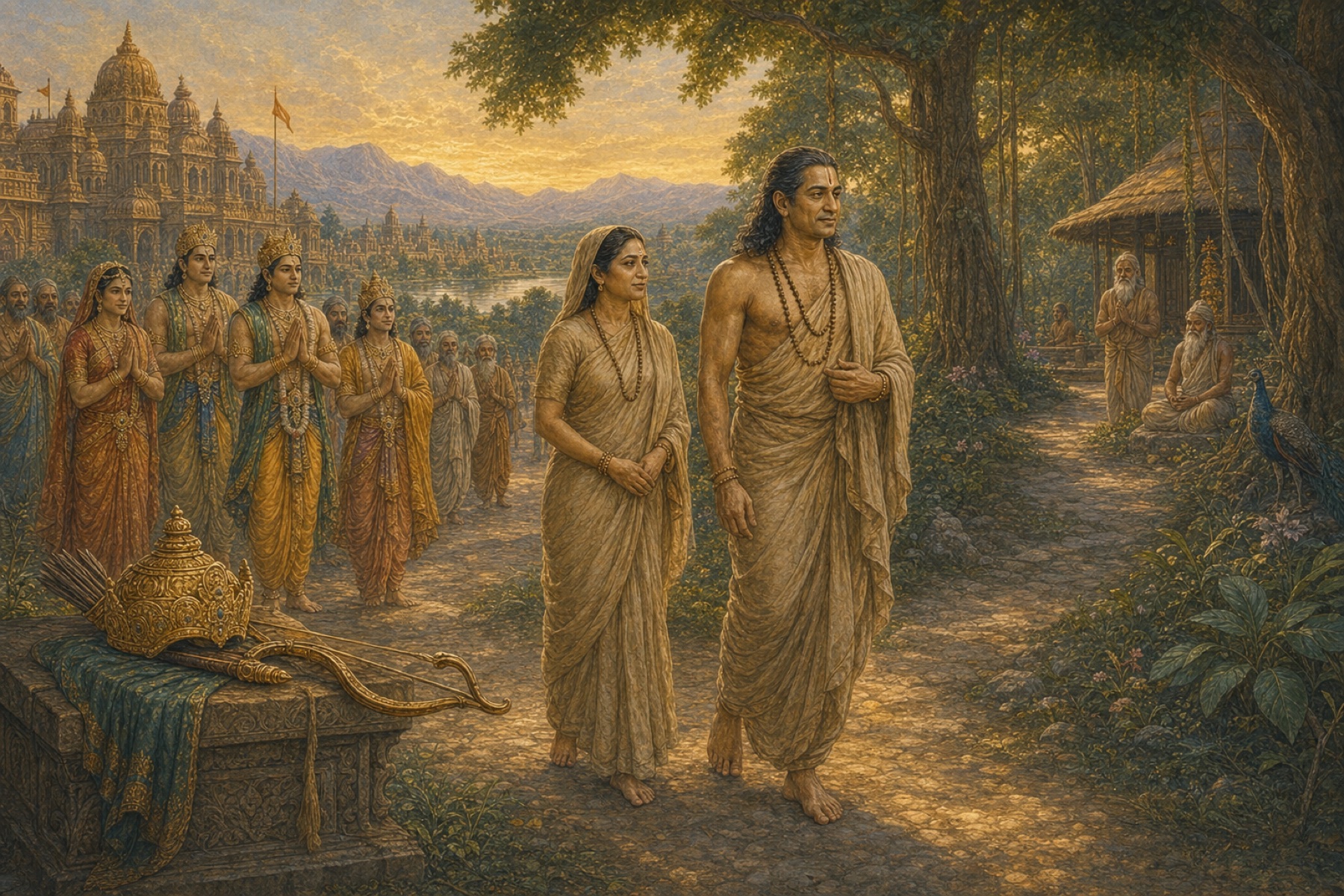 An older Prthu leaves his crown and bow behind and enters the forest with Queen Arci