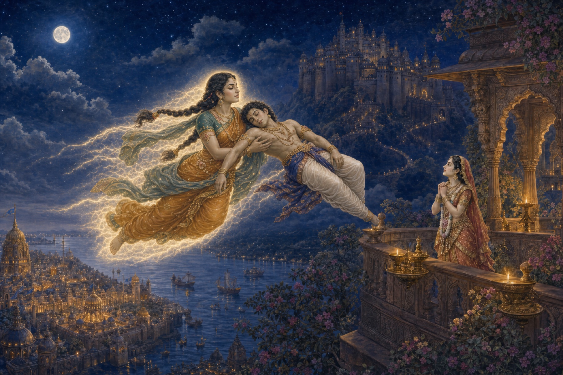 The yogin Citralekha carries the sleeping prince Aniruddha through the night sky toward Usha