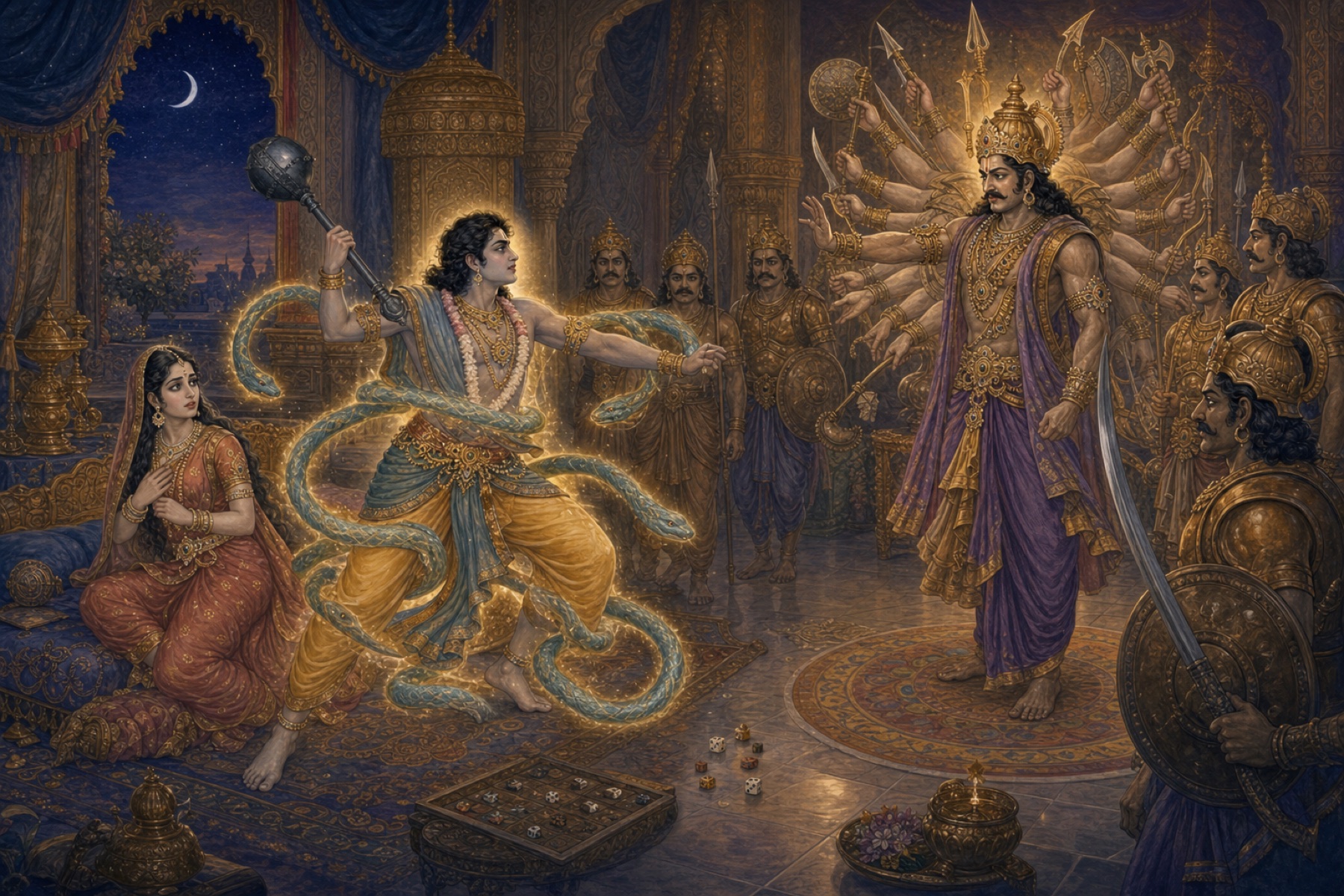 Aniruddha protects Usha with an iron club as Bana's guards enter and mystical serpent bonds surround him