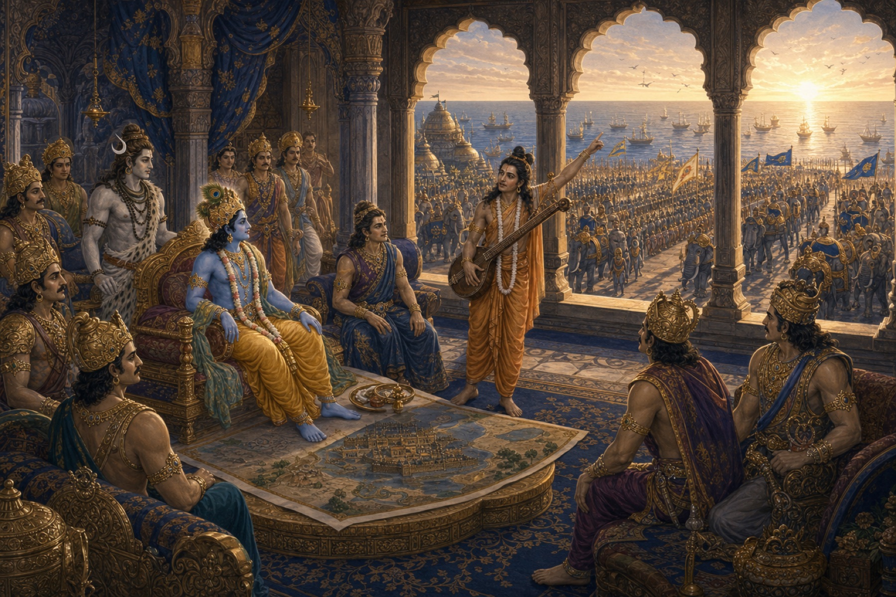 Narada informs Krishna and the Yadu chiefs while their army assembles outside Dvaraka