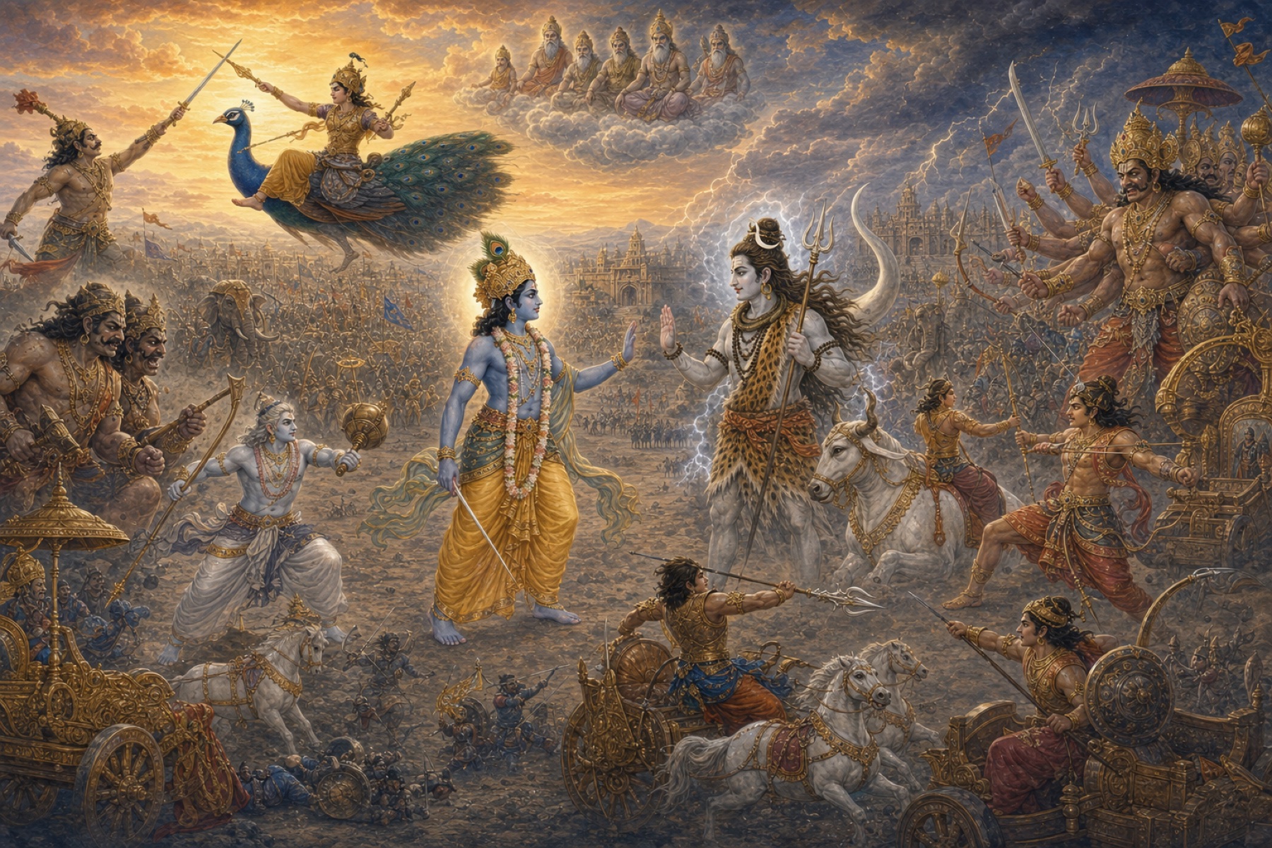 The principal warriors meet on the battlefield outside Sonitapura, with Krishna and Shiva at the center