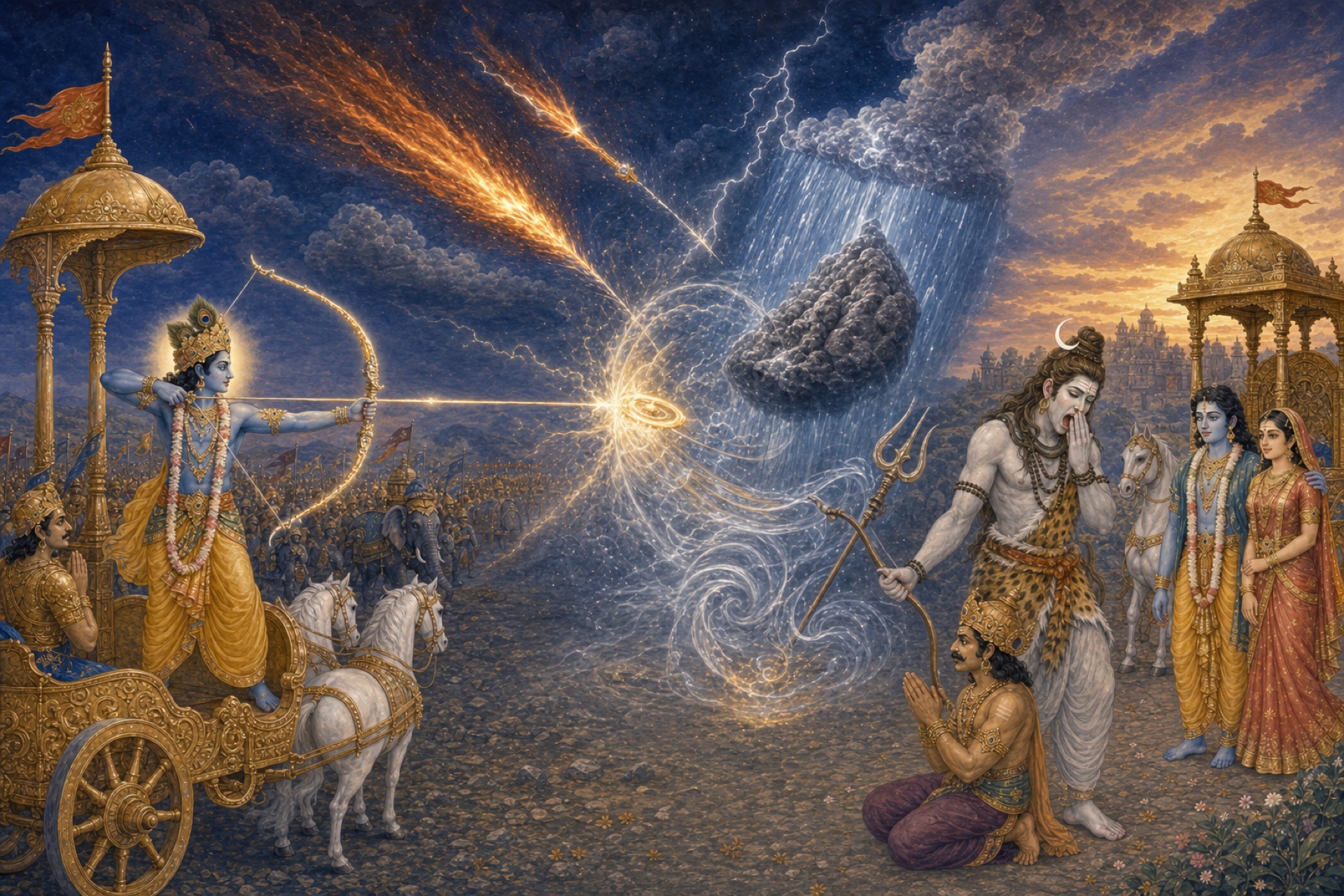 Krishna counters Shiva's celestial weapons with rain, mountain, wind and luminous divine forces