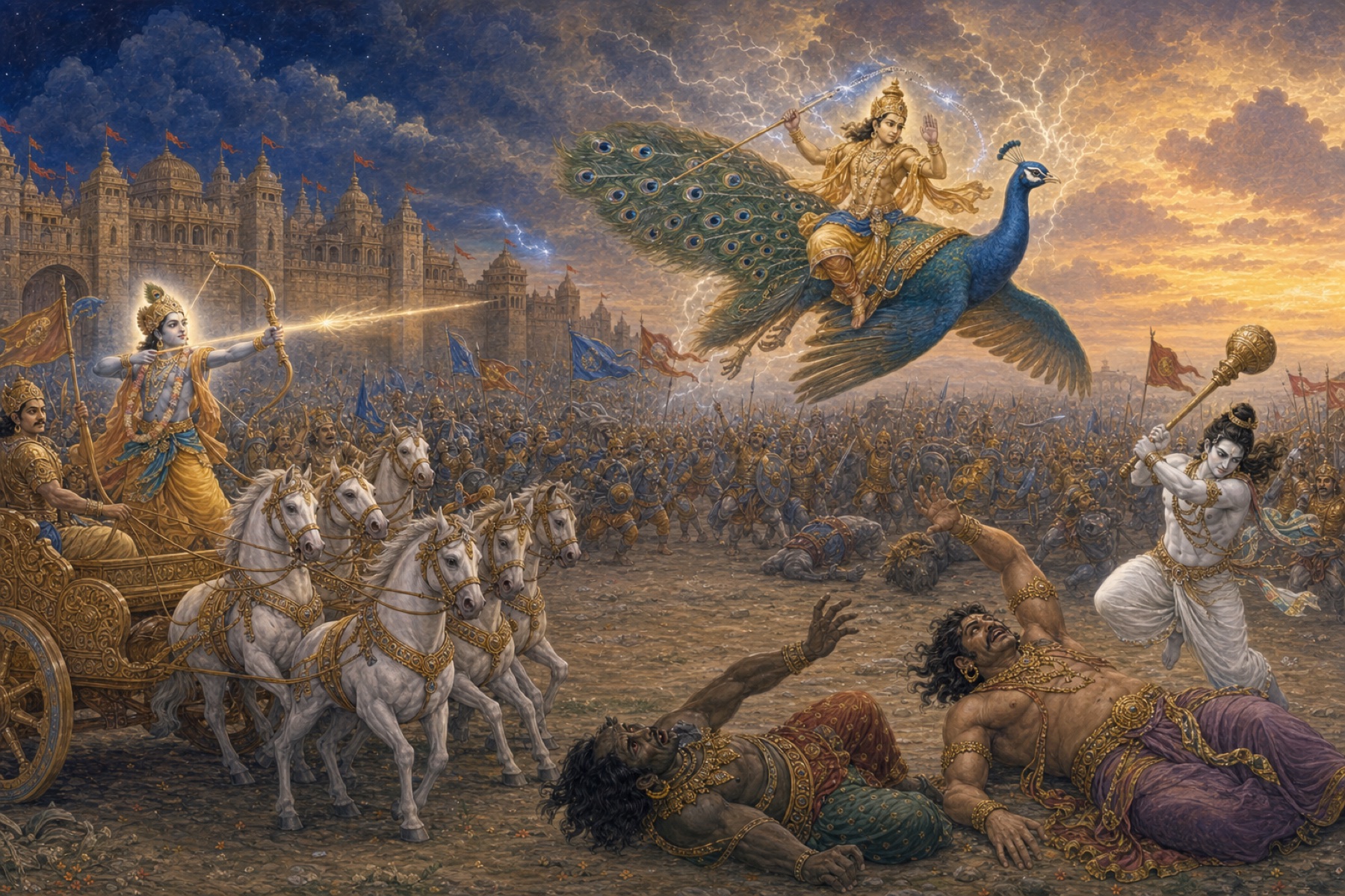 Pradyumna drives Kartikeya away on his peacock while Balarama defeats Bana's giant allies