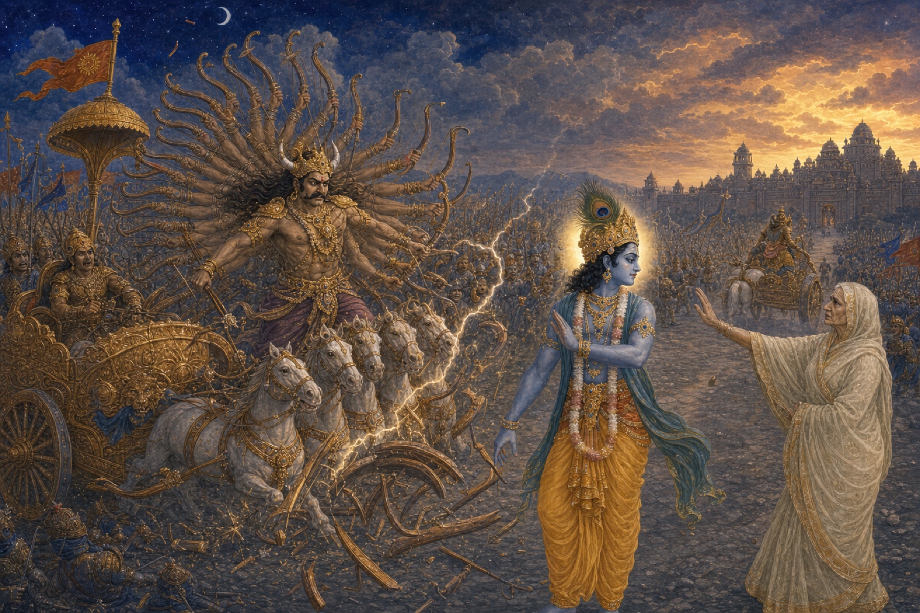Many-armed Bana attacks with numerous bows while Krishna shatters them and respectfully turns from Bana's veiled mother