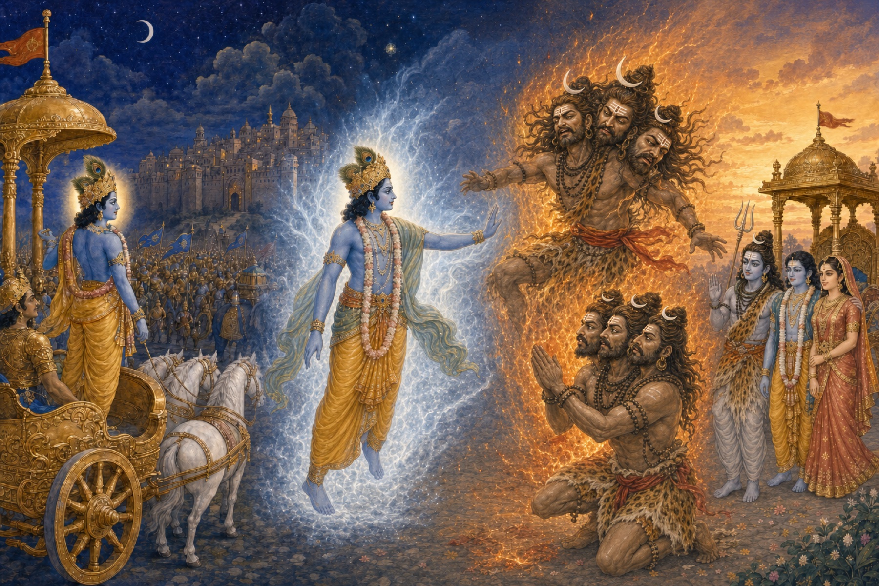 The fiery three-headed Shiva-jvara is overcome by the cooling Narayana-jvara and surrenders before Krishna