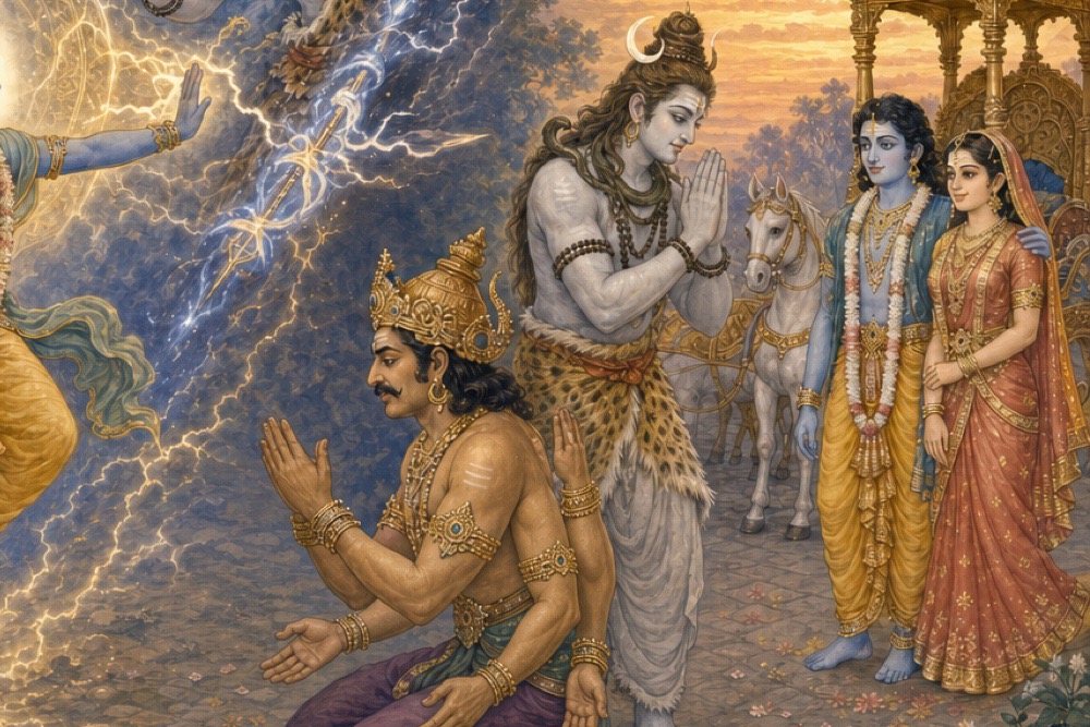 A humbled Bana kneels before compassionate Krishna while Shiva offers prayers